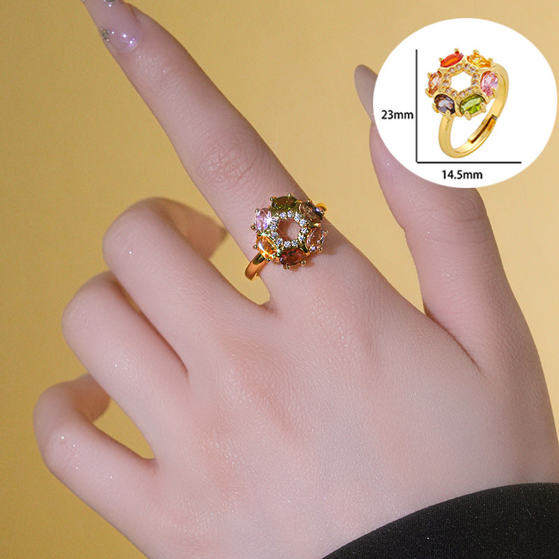 Luxury Minimalist Adjustable Open Ring for Women with Gold-Plated Copper Band and Zircon Stone Accent in Heart and Floral Shape