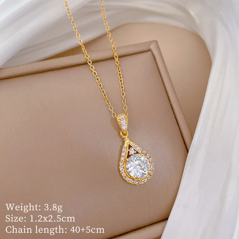Minimalist Sweet Teardrop Geometric Gold Plated Rhinestone Inlay Titanium Steel Necklace for Women