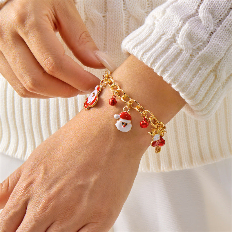 Christmas-Themed Charm Bracelet with Santa, Reindeer, Snowflake, and Bell Charms in Gold and Silver Plated Alloy for Unisex Wear