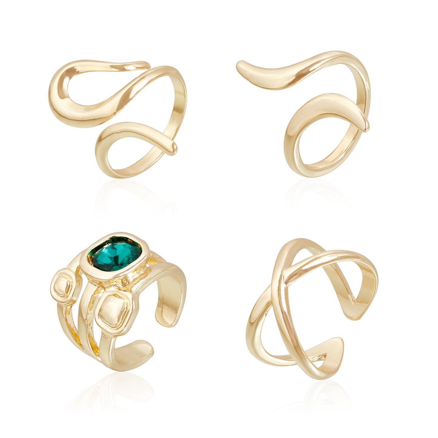 Anillo Abierto Geométrico Ajustable con Acabado Metálico Plateado y Detalles de Piedras Preciosas Coloridas para Mujer