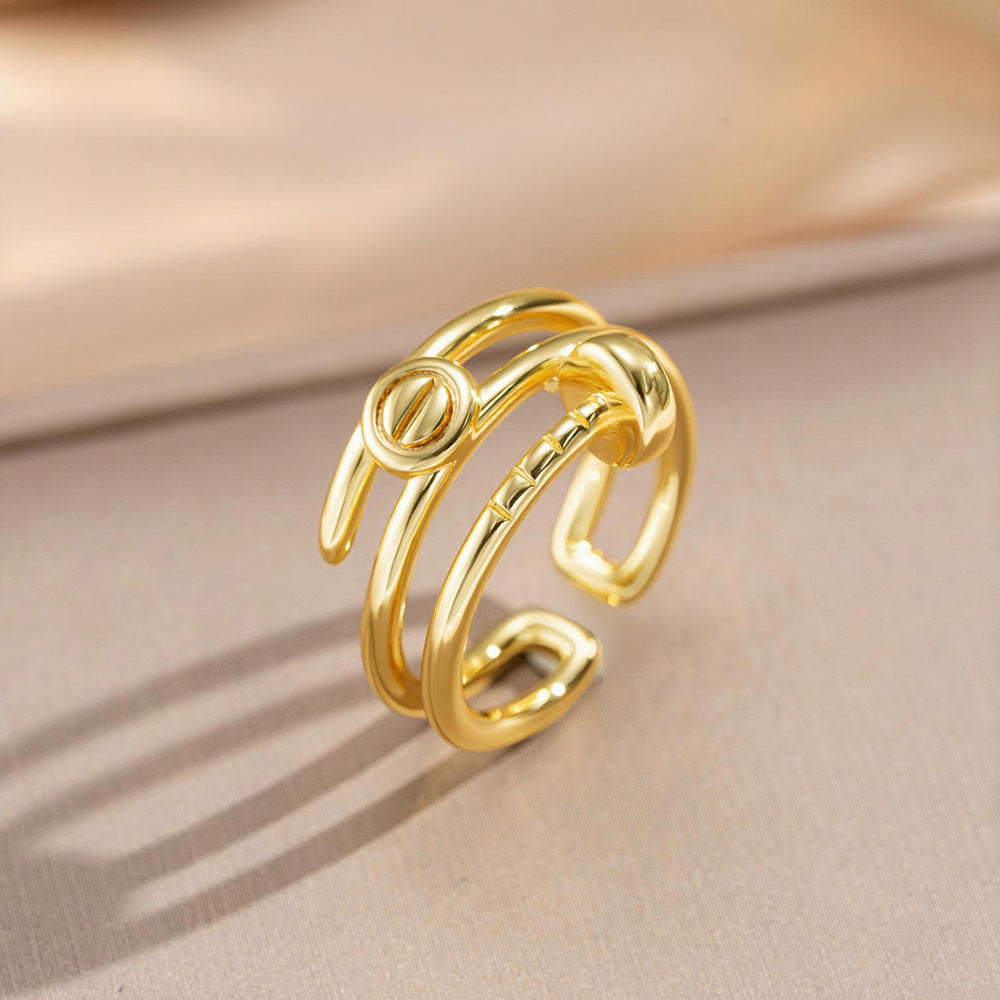Anello Minimalista Moderno in Oro 18K Placcato con Geometria e Intarsio di Strass Circolare per Donne