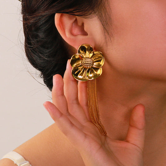 Orecchini da donna minimalisti in acciaio inossidabile a forma di girasole con nappe e placcatura sottovuoto in oro 18 carati