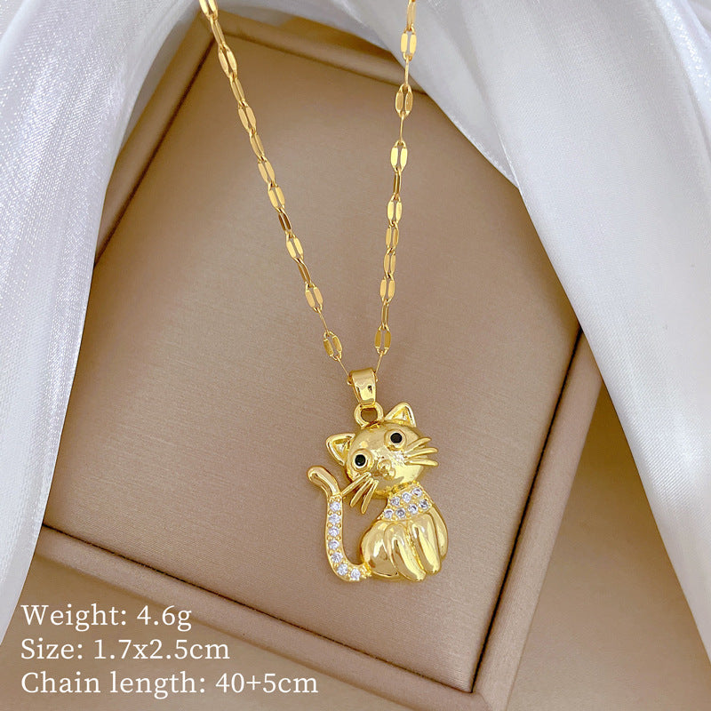 Collana Elegante di Lusso con Gatto Nero e Zirconi per Donne e Uomini, Girocollo con Ciondolo Geometrico in Acciaio al Titanio