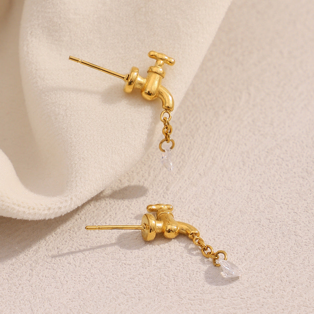 Fashionable Water-Drop-Shaped Stainless Steel Ear Studs with 18K Gold Plating and Faucet-Inspired Design for Women