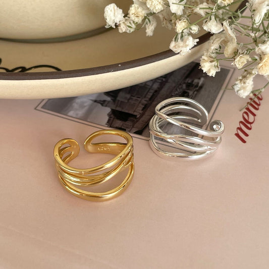 Minimalist Irregular Line Silver Ring for Women with Knot Detail in 925 Sterling Silver