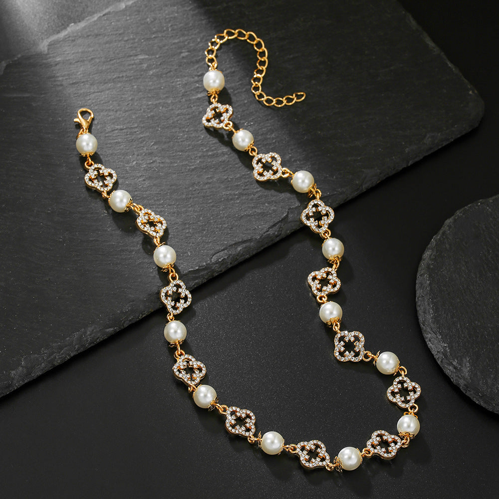 Geometric Hollow Flower Four-Leaf Clover Necklace with Rhinestone and Imitation Pearl for Women