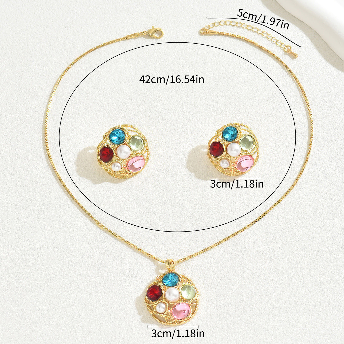 Set collana e orecchini pendenti geometrici in stile OL alla moda, in rame con intarsio di strass placcati in oro, per donna