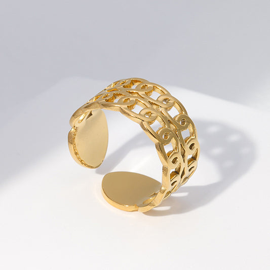 Anillo abierto geométrico vintage de acero inoxidable con acabado chapado para hombres y mujeres