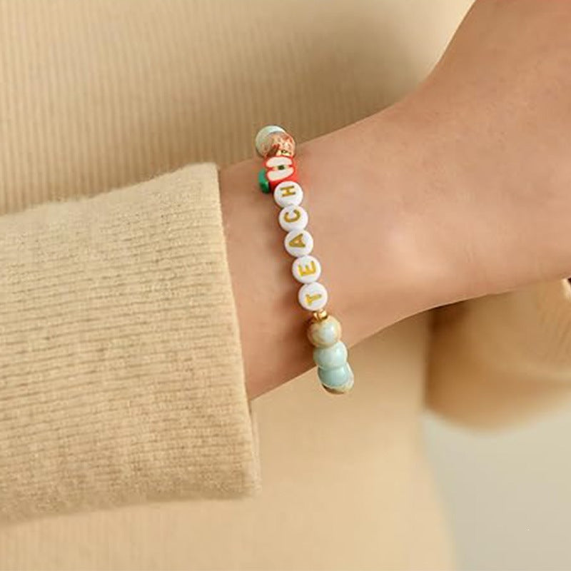 8mm Natural Blue Shoushan Stone Beaded Bracelet with Apple Charm Unisex Gift