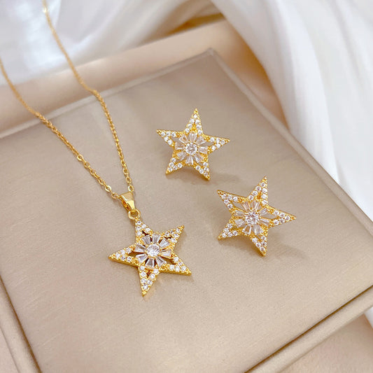 Luxury Titanium Steel Geometric Star and Flower Pendant Necklace Set with Rhinestone Inlay for Women Formal Events