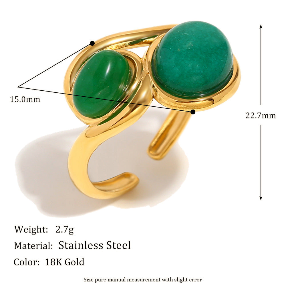 Vintage French Luxury Style Geometric Stainless Steel Ring with 18K Gold Plating and Two Green Gemstones for Women