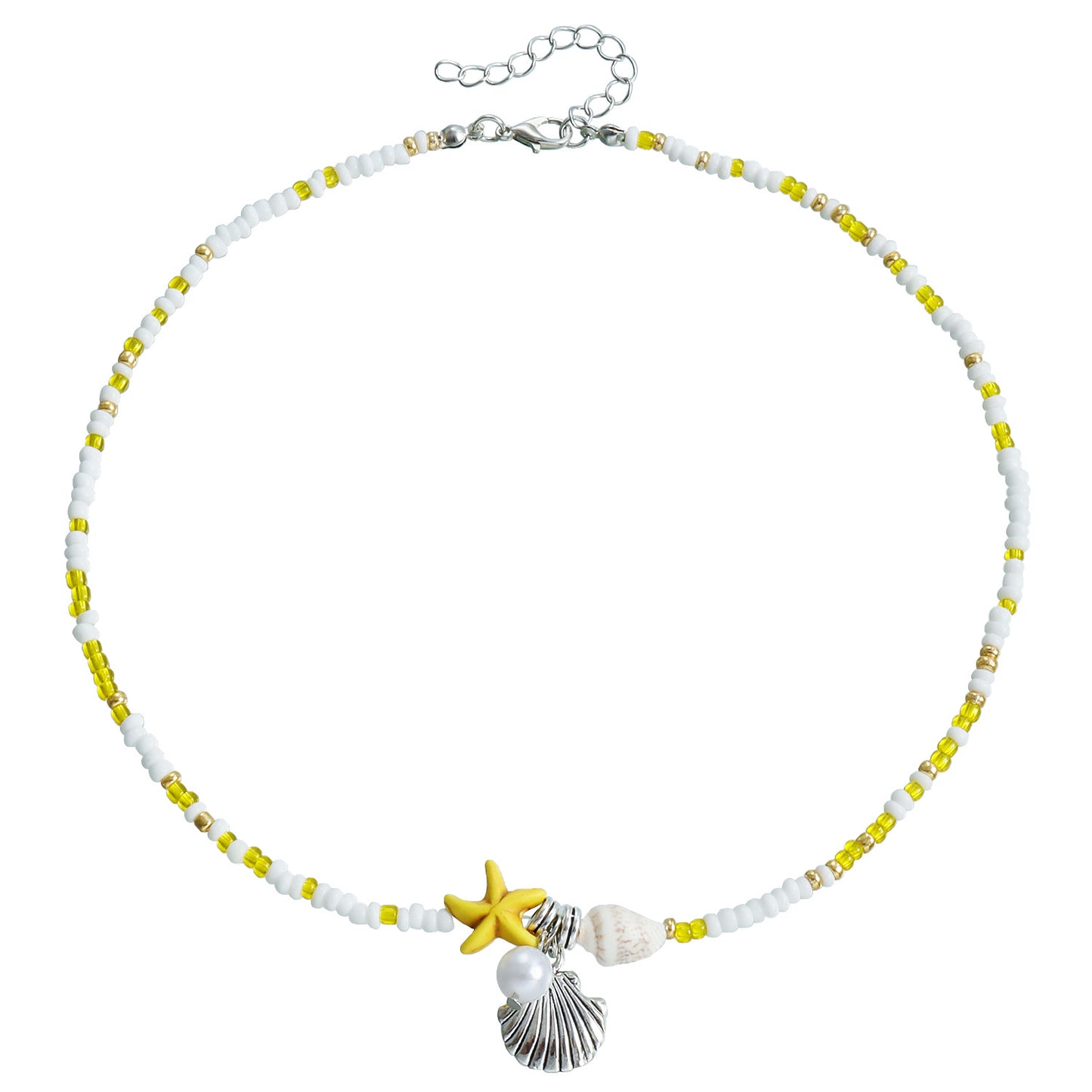 Bohemian Starfish Pendant Necklace for Women with Geometric Seashell Beads and Alloy Plated Clavicle Chain