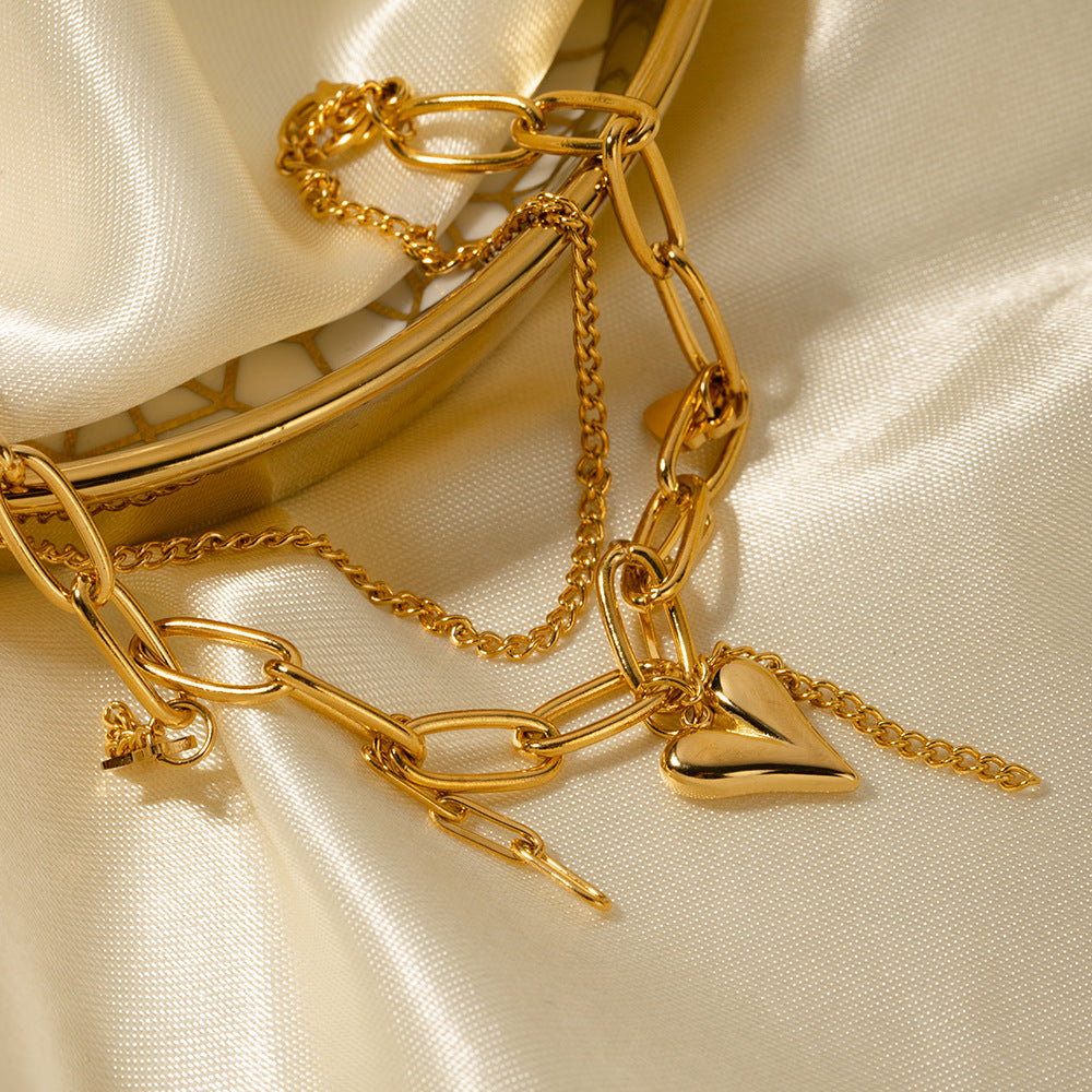 Fashionable Ins Style 18K Gold Plated Stainless Steel Double Layer Bracelet with Heart and Star Pendants