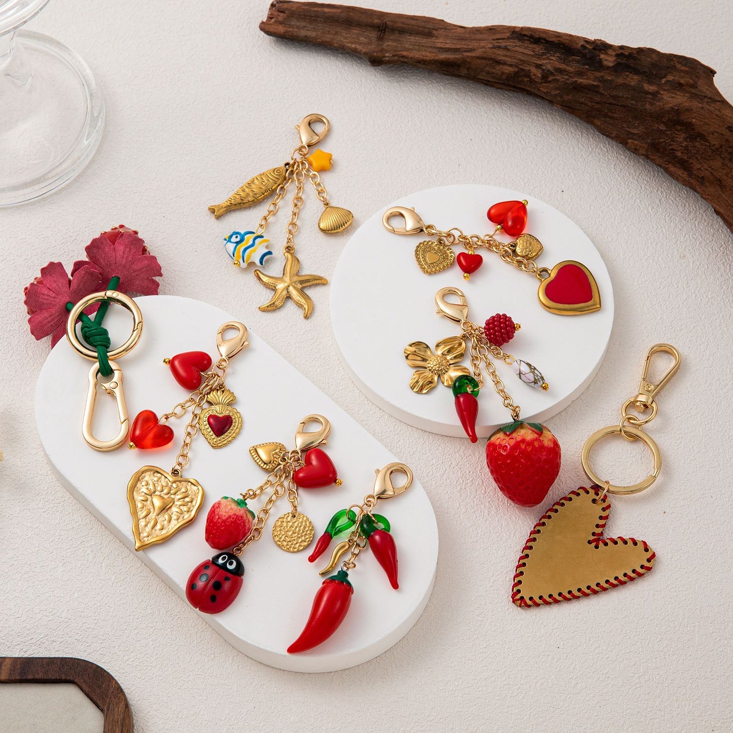 Colorful Heart Strawberry and Chili Pepper Alloy Keychain Bag Charm
