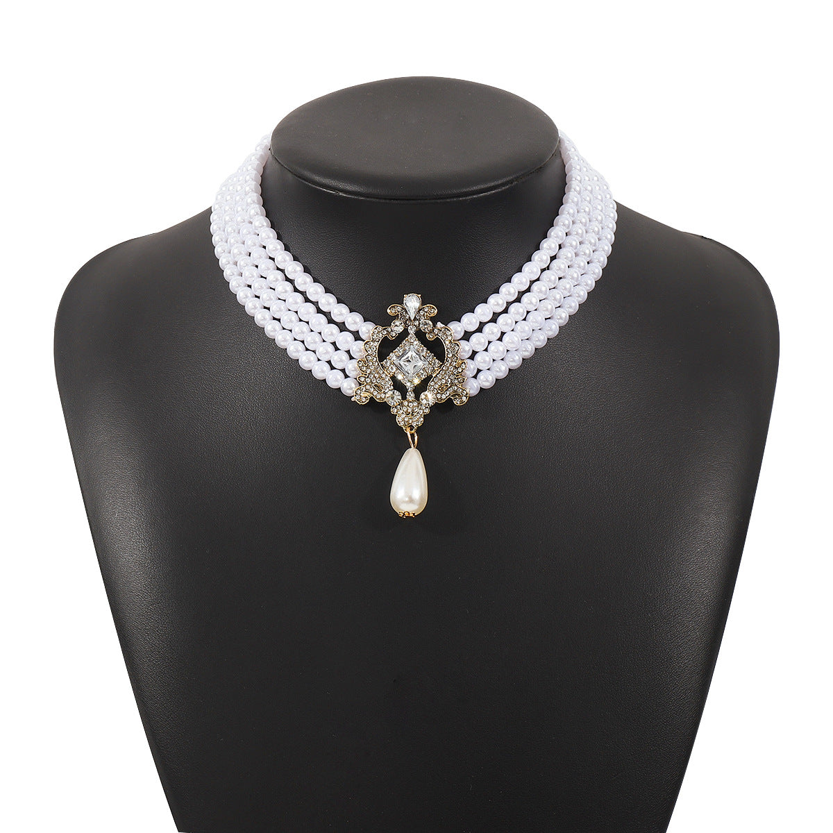 Collar de perlas geométrico dulce y atrevido para mujer con cadena de aleación y detalles de pedrería