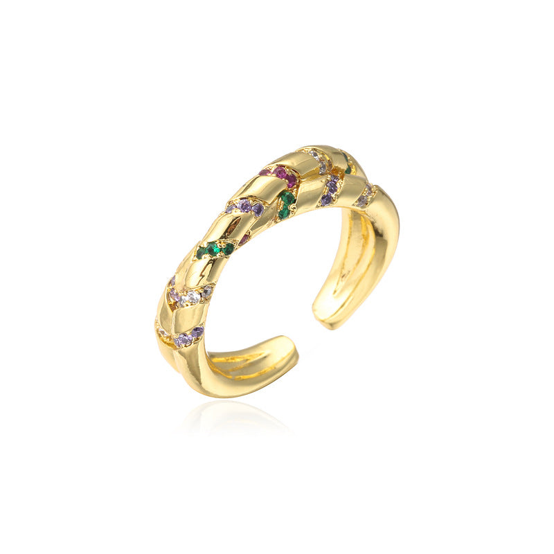 Geometric Brass Ring with Micro-Inlaid Cubic Zirconia and Gold Plated Finish for Women