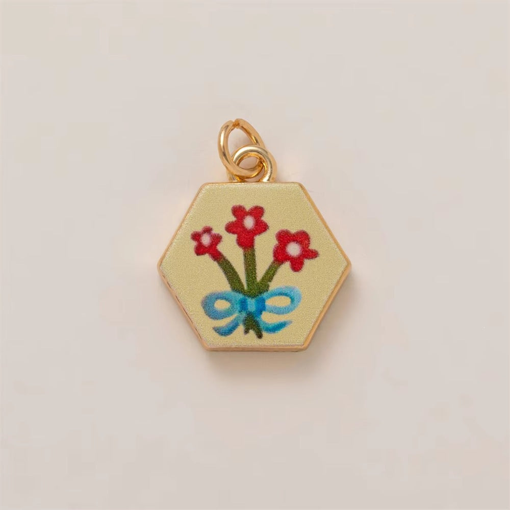 Vintage Sweet Hand-Painted Floral Heart Enamel Brass Shoe Charm