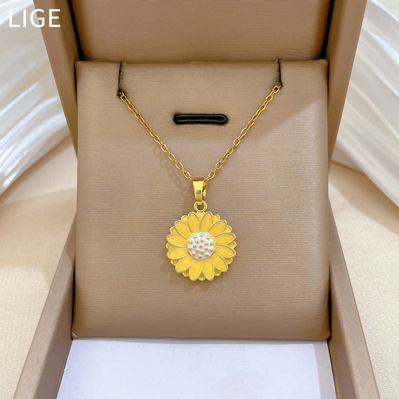Minimalist Daisy Pendant Necklace in Titanium Steel with Enamel Finish and Rhinestone Inlay for Women