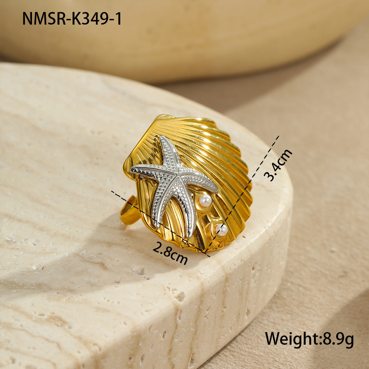Pendientes, anillos y collar de acero inoxidable geométricos inspirados en el océano con chapado en oro de 18 quilates, textura de concha y detalles de estrellas
