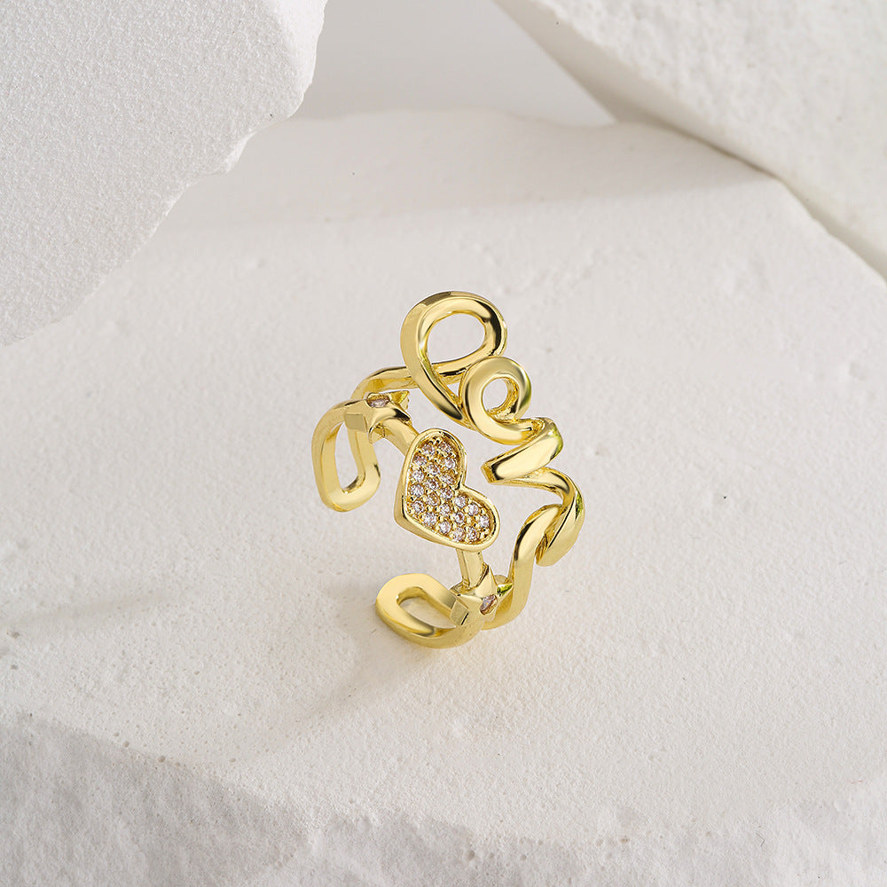Anello aperto geometrico minimalista da donna in ottone placcato oro vero con zirconia micro-pavé