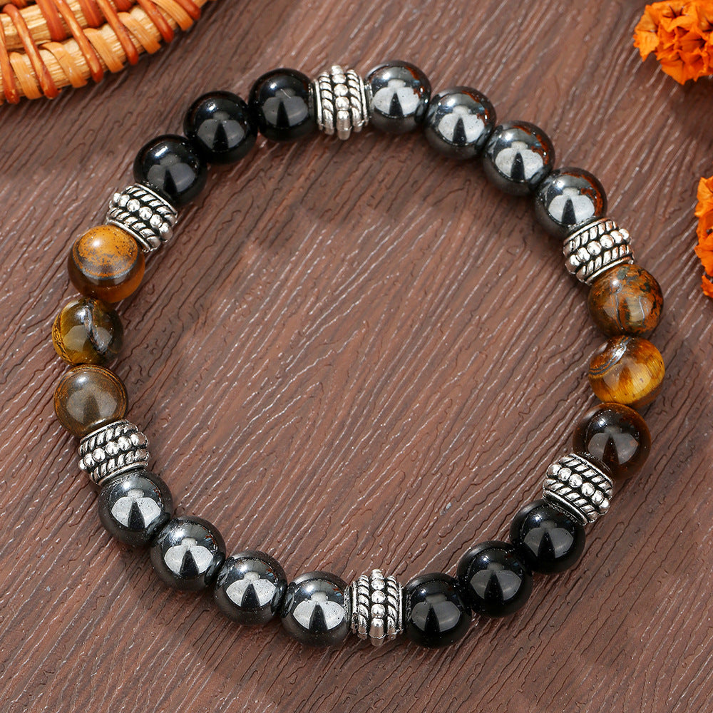 Handmade Round Natural Stone Bracelet with Citrine Tiger Eye and Hematite for Unisex