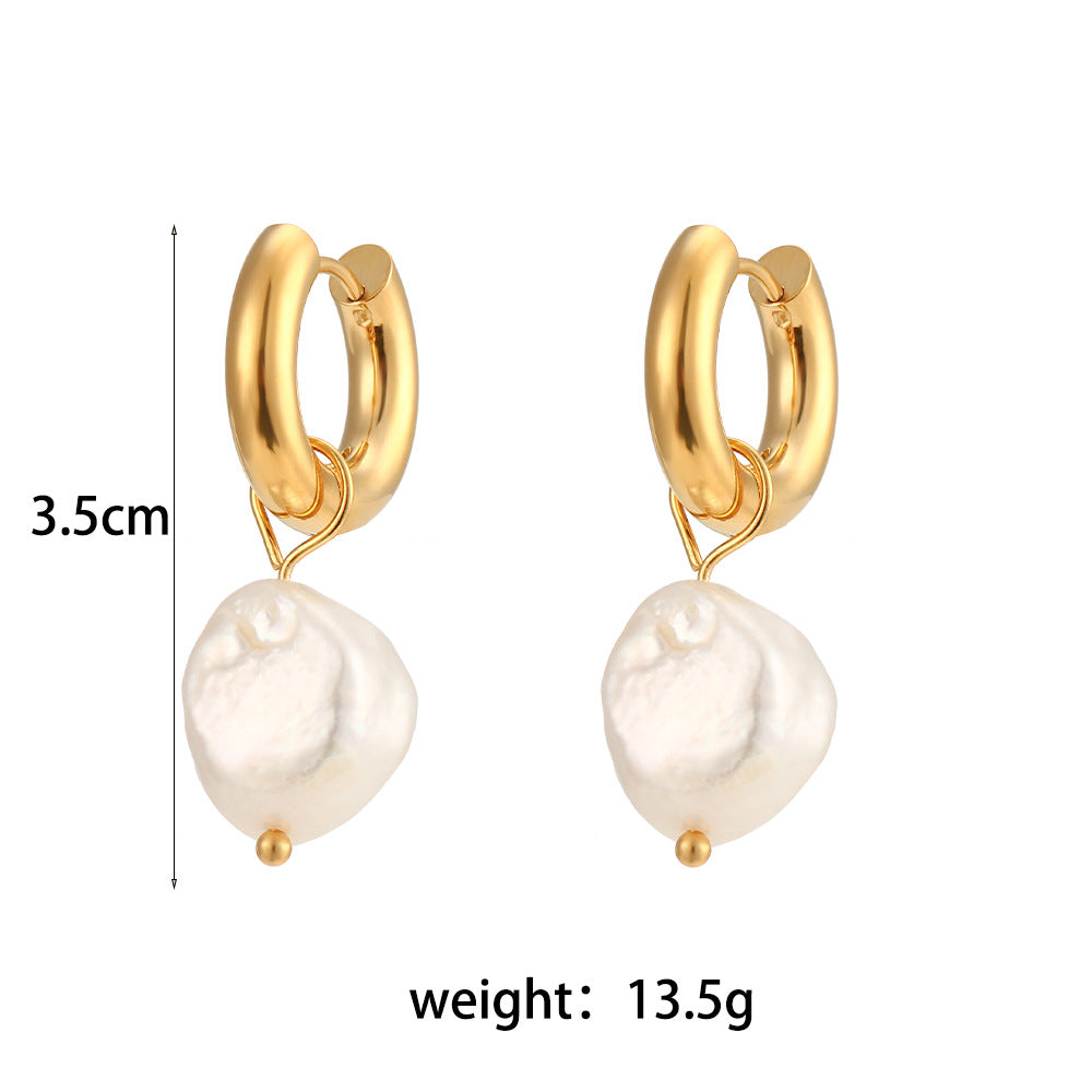 Minimalist Geometric Stainless Steel Earrings with 18K Gold Plating and Freshwater Pearl Accents