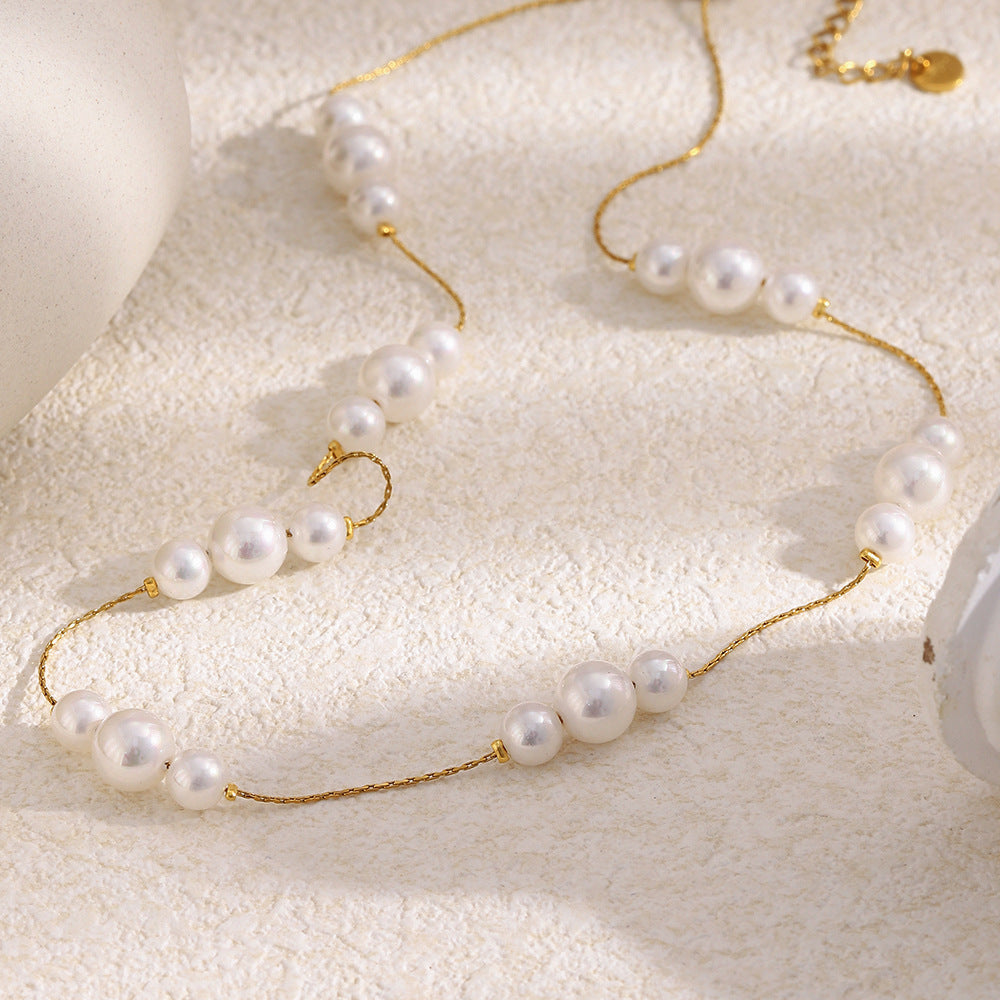 Elegant 18K Gold Plated Geometric Stainless Steel Necklace with Shell Pearl Pendant for Women