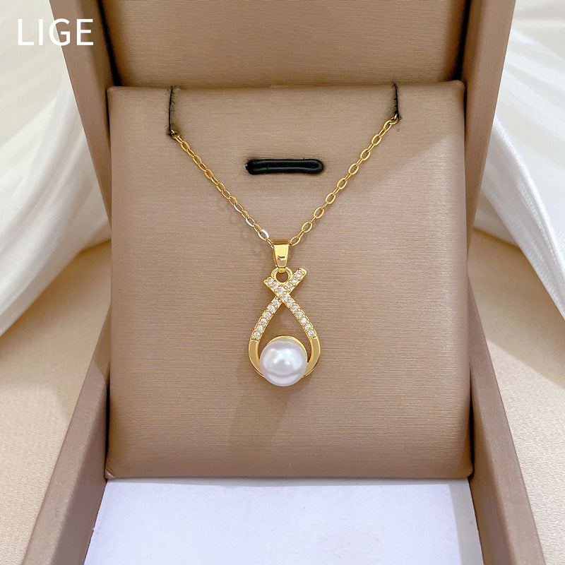 Luxury Titanium Steel Geometric Necklace and Earrings Set with Pearls for Women