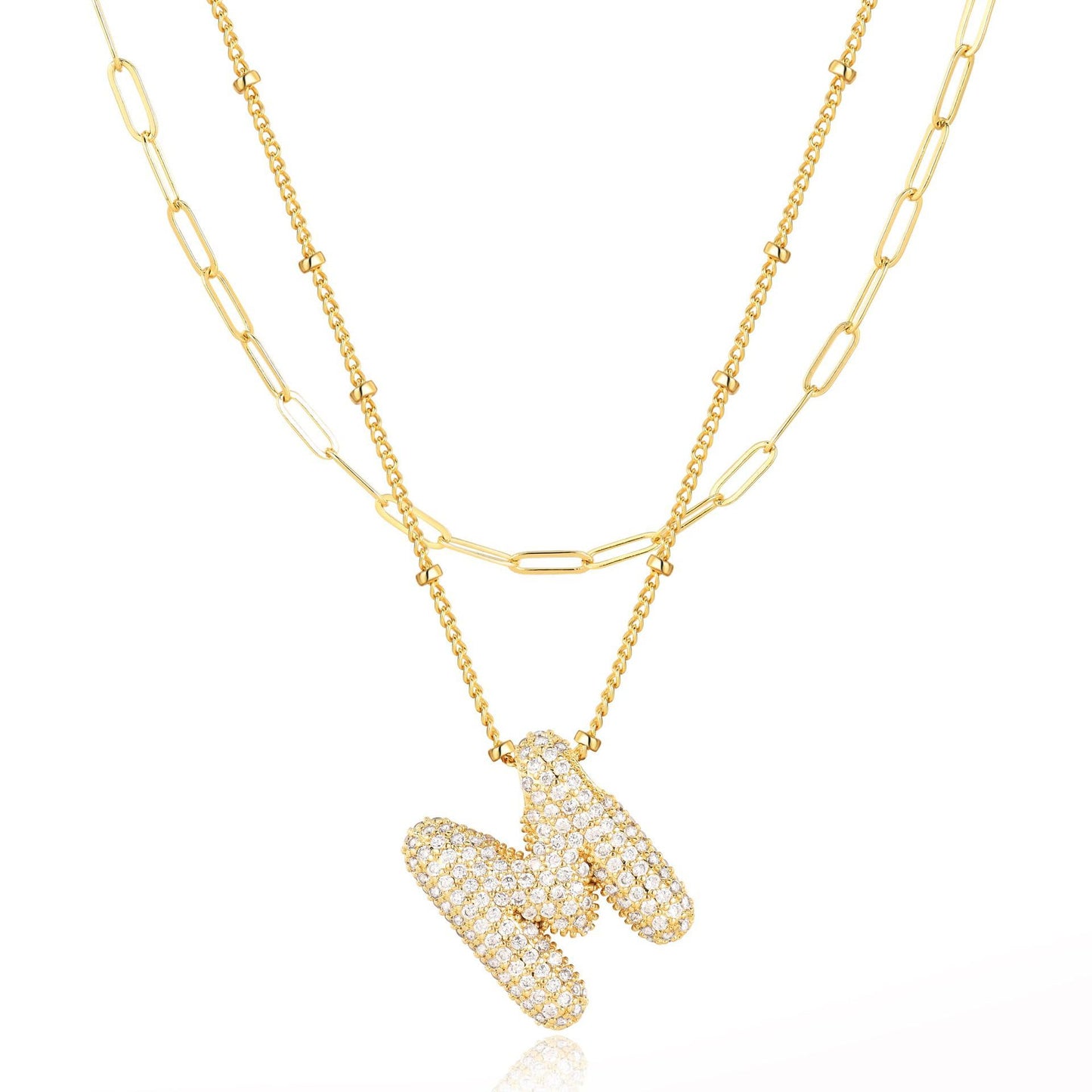 18K Gold Plated Brass Double Layer Letter Necklace Micro Pave Cubic Zirconia Serpentine Chain Women's Jewelry