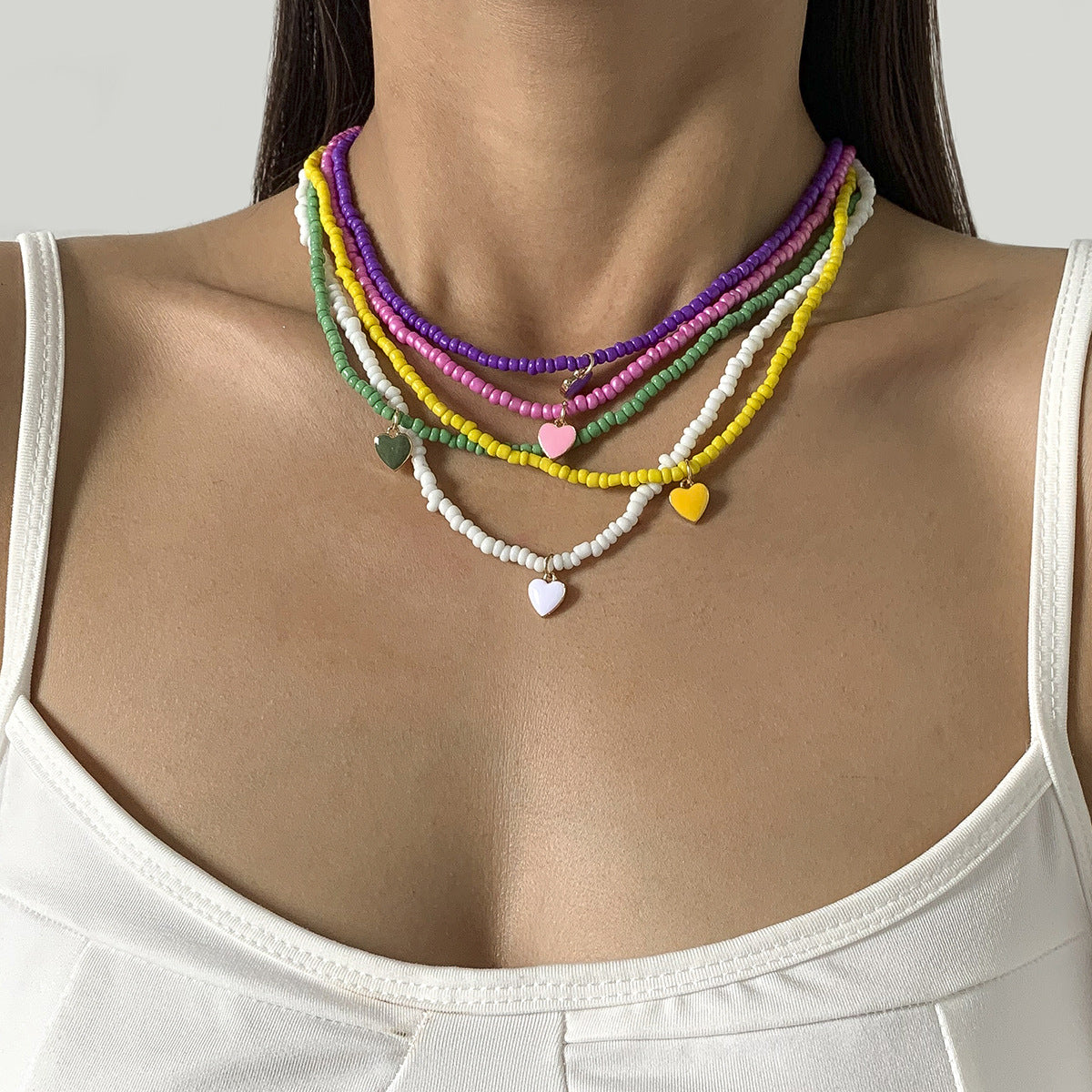 Sweet Drip Oil Heart Geometric Alloy Pendant Glass Bead Ball Chain Necklace