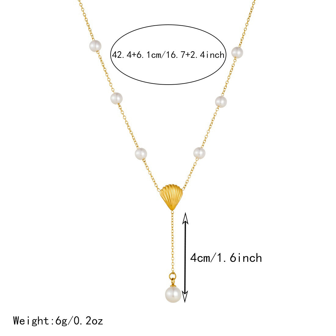 Elegant Gold Plated Stainless Steel Y-Chain Necklace with Seashell Pendant and Pearl Accent for Women