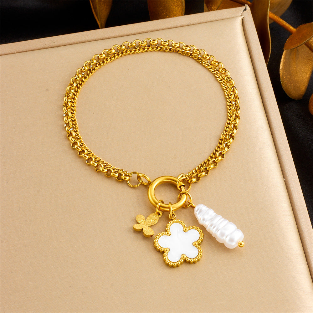 Fashion Elegant Floral Flower Butterfly Round Stainless Steel Plated Pendant Cable Chain Jewelry Set for Women