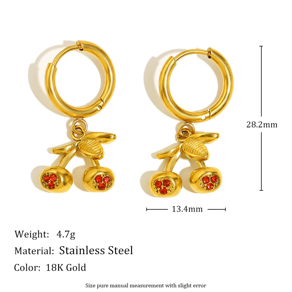 Fashionable Cherry-Shaped Stainless Steel Earrings with 18K Gold Plating and Colorful Rhinestones for Women