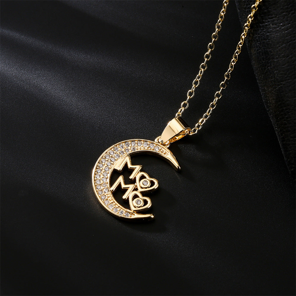 Geometric Star and Moon MAMA Pendant Necklace for Women in Copper with 18K Gold Plating and Zircon Inlay
