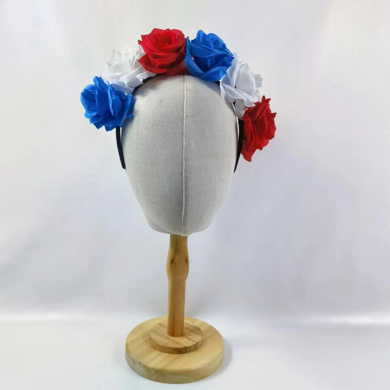 Cerchietto per capelli in tessuto con rose floreali simulato, rosso, bianco, blu, patriottico, per feste