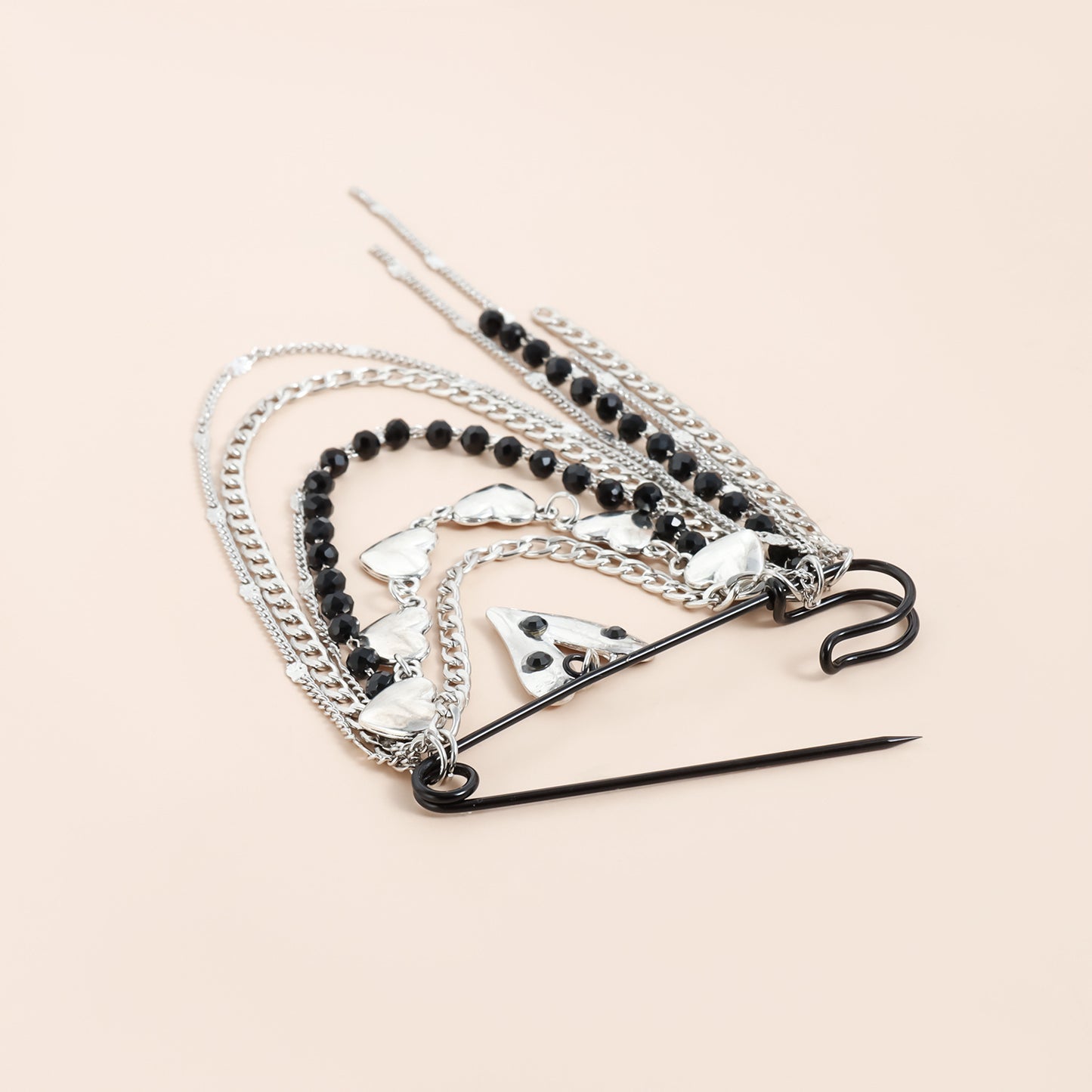 Sweet Streetwear Y2K Geometric Heart Alloy Plated Tassel Brooch with Black Beads
