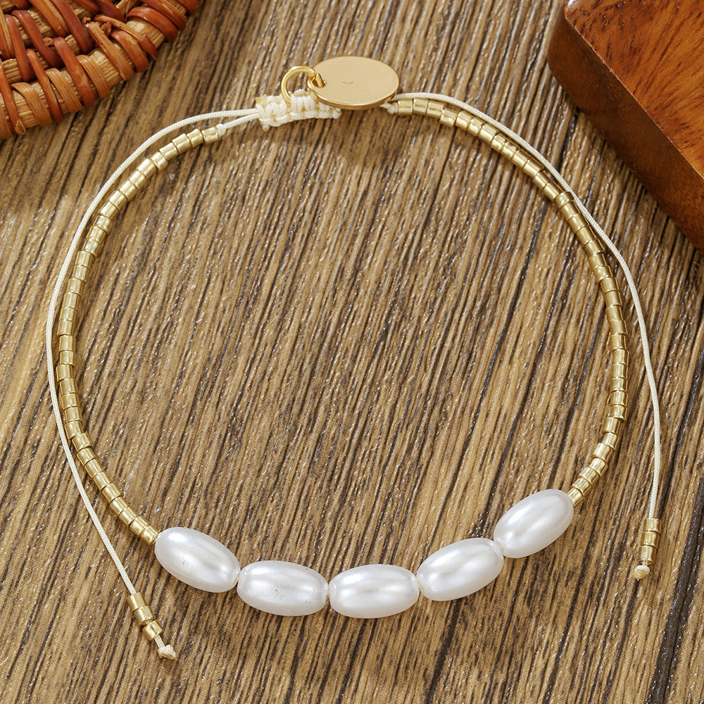 Handmade Geometric Heart Glass Bead and Pearl Bracelet for Women