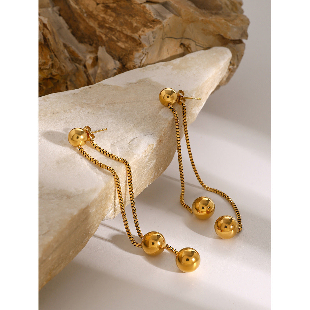 Minimalist 18K Gold Plated Round Stainless Steel Box Chain Tassel Earrings