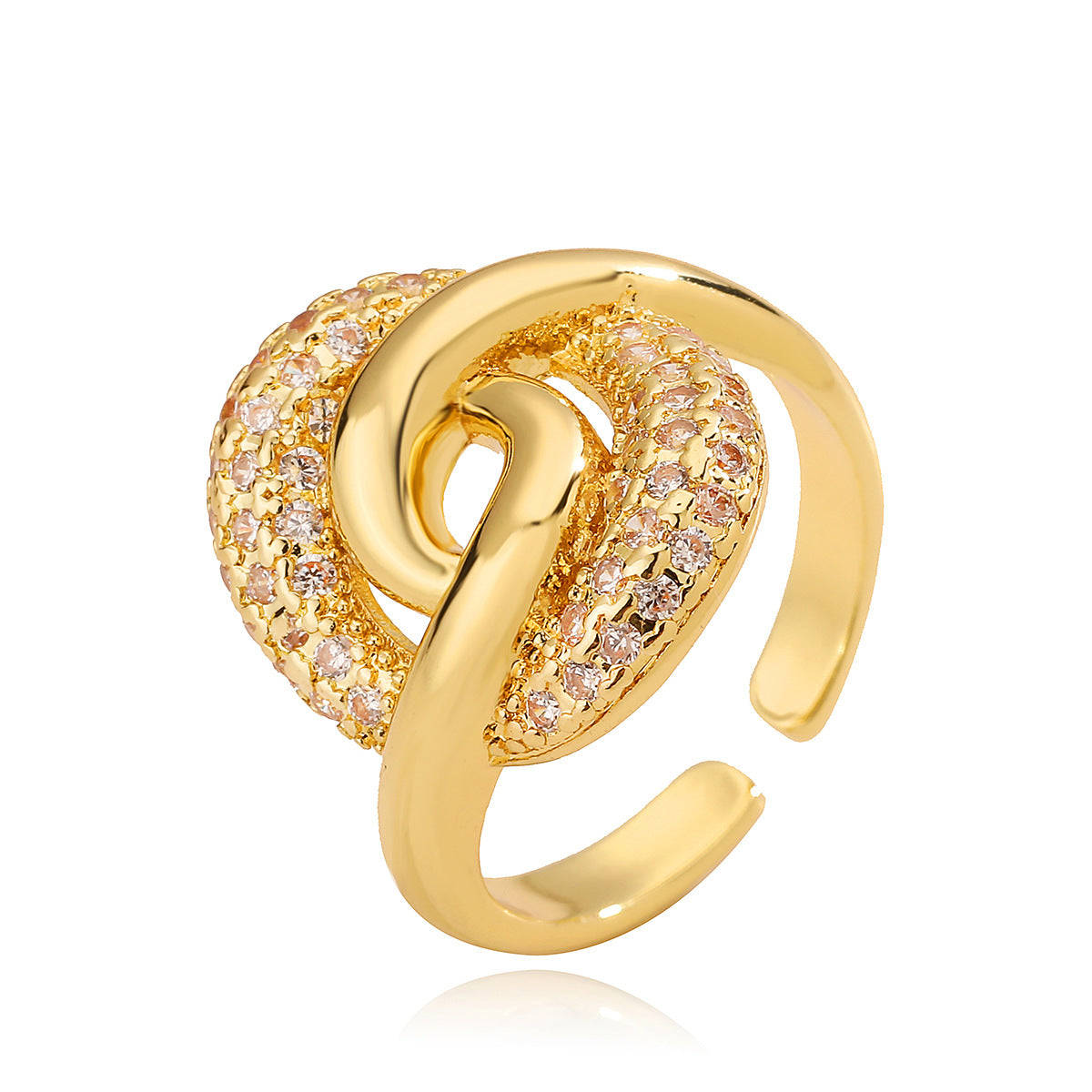 Anello Aperto Geometrico da Donna in Rame Placcato Oro 18K con Intarsio di Zirconi, Fascia Minimalista e di Tendenza