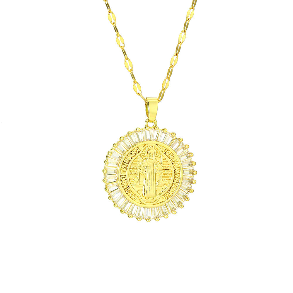 Collar de acero inoxidable con colgante geométrico minimalista de San Benito para mujer, con charm de cobre chapado en oro y cadena con diseño de labios