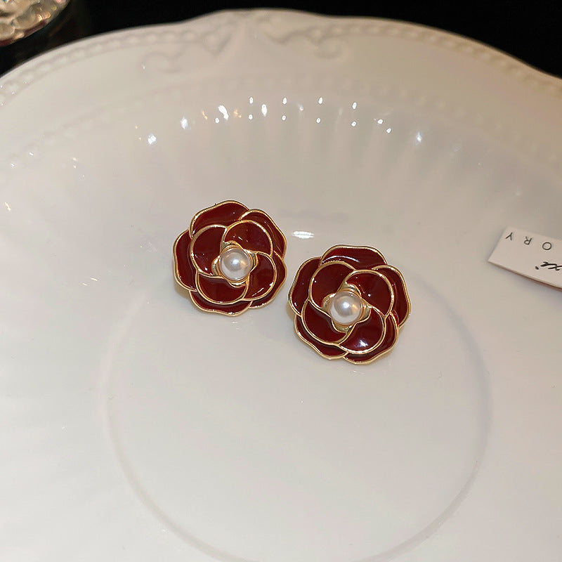 Elegant Geometric Dangle Stud Earrings for Women with Red Tassels, Alloy Base and Gold Plated Finish