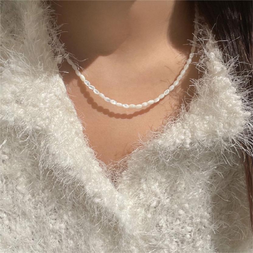Minimalist Geometric White Seashell and Miyuki Bead Necklace in 925 Sterling Silver with Rhodium Plating on Snake Chain
