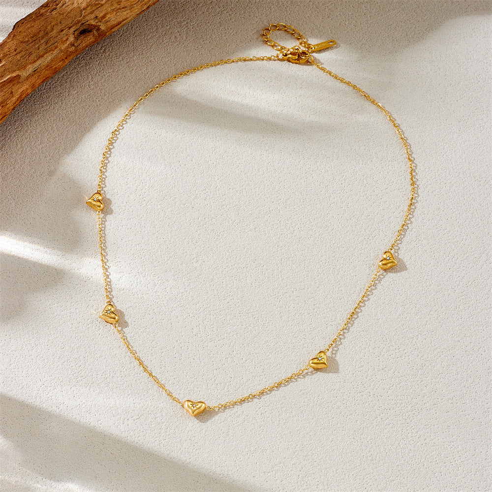 Minimalist Fashionable Clavicle Necklace with Rhinestone-Inlaid Eight-Pointed Star and Heart Pendant in Stainless Steel with Plated Finish on O-Chain