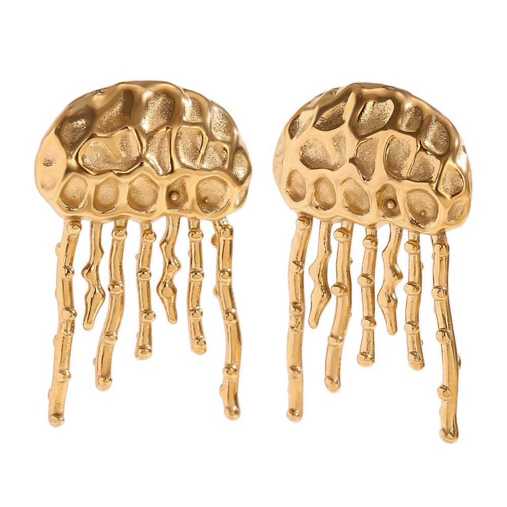 Fashionable Jellyfish-Shaped Stainless Steel Earrings with 18K Gold Plating and Hammered Texture