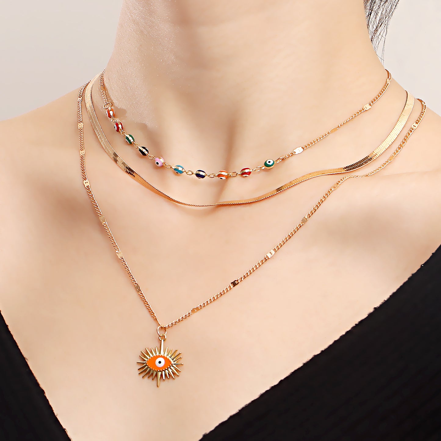 Geometric Demon Eye Pendant Necklace for Women Alloy Plated Multi-Layer Clavicle Chain