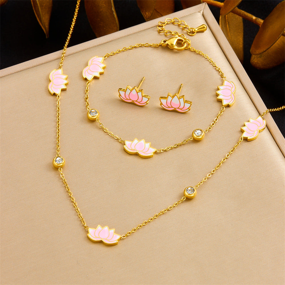 Minimalist Gradient Pink Lotus Rhinestone Drip Oil Stainless Steel Necklace Earring Bracelet Set with Cable Chain