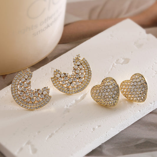 Minimalist Geometric Heart-Shaped Copper Earrings with 18K Gold Plating and Zircon Inlay for Women