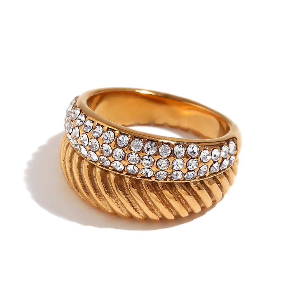 Minimalist Geometric Stainless Steel Ring with 18K Gold Plating and Micro-Paved Zirconia for Women