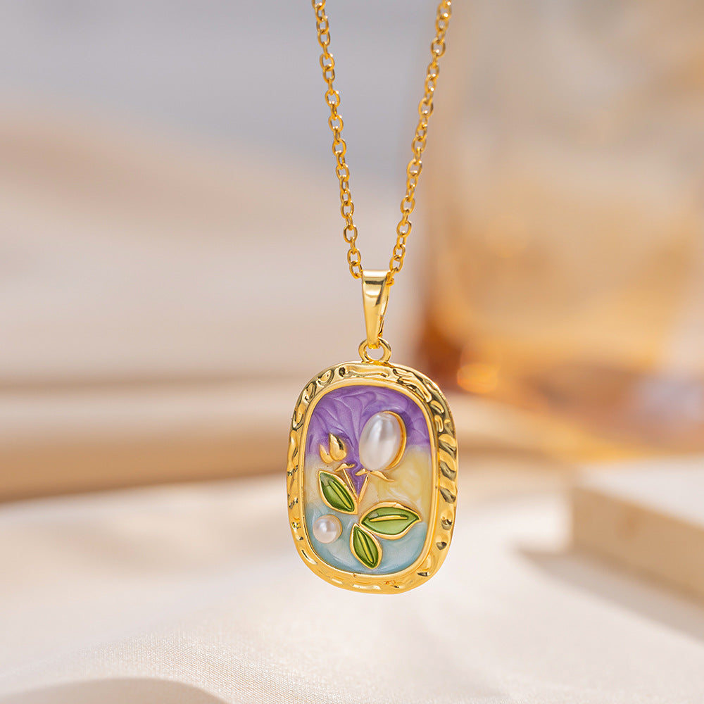 Elegant French Vintage Style Floral Pendant Necklace in Titanium Steel with Enamel Finish and O-Chain