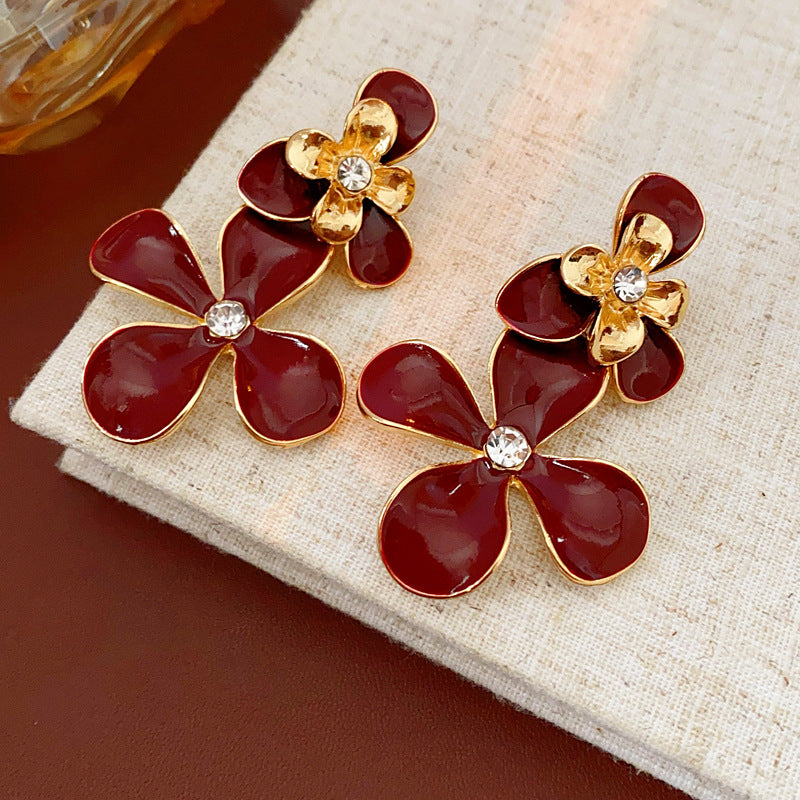 Vintage Floral Earrings with Enamel Finish and Rhinestone Inlay in Alloy with Stainless Steel Posts for Women
